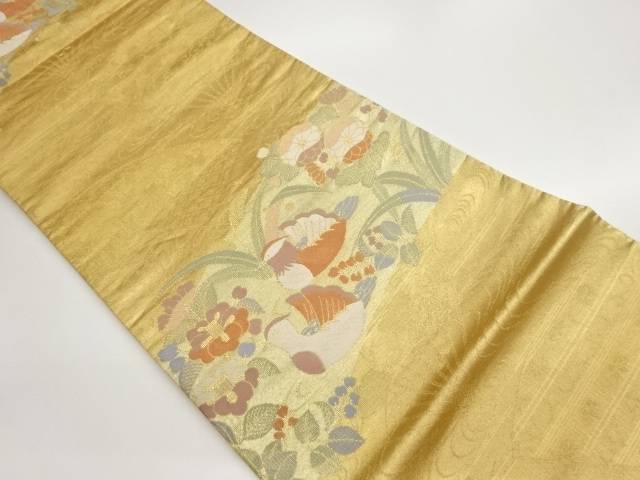 鴛鴦に流水・扇・草花模様織出し袋帯【中古】【着】【袋帯】