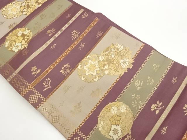 横段に草花・華文・尾長鳥模様織出し名古屋帯【中古】【着】【名古屋帯】｜Kimono-Shinei　２号店