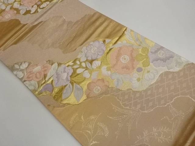 道長取りに花々・鶴模様織出し袋帯【中古】【着】【袋帯】