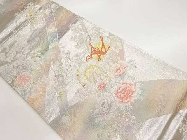 鼓に牡丹・菊・梅・扇子模様織出し袋帯【中古】【着】【袋帯】