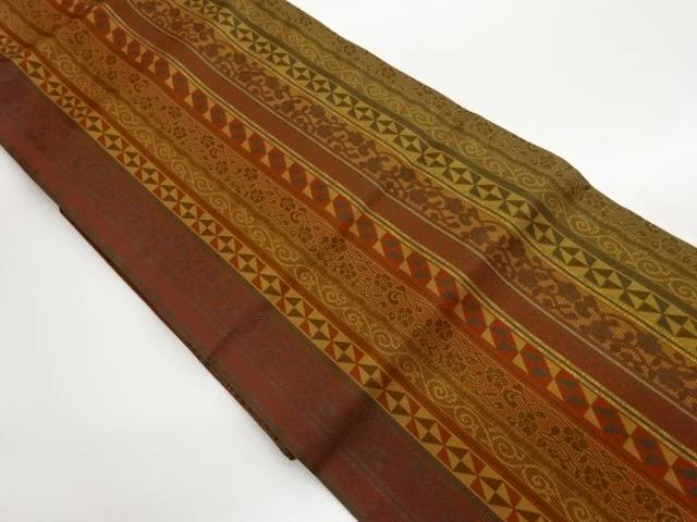 縞に花唐草・幾何学模様織出し名古屋帯【中古】【着】【名古屋帯】