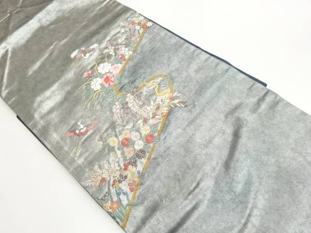 高島織物製　青銅箔花々に鶴模様織出し名古屋帯【中古】【着】【名古屋帯】