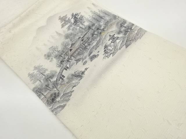内山晴祥作　ひげ紬手描き民家・木々風景模様名古屋帯【中古】【着】【名古屋帯】