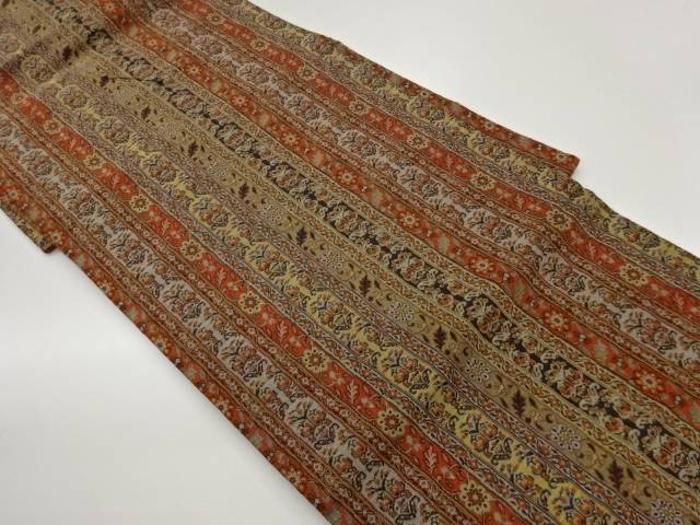 縞に草花模様織出し名古屋帯【中古】【着】【名古屋帯】