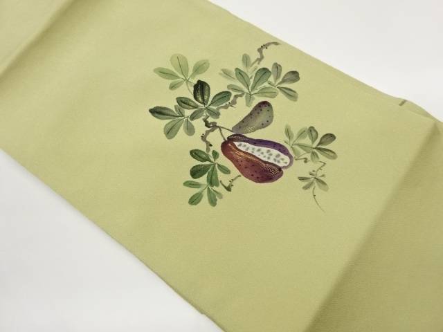 縮緬地金彩手描きアケビ模様名古屋帯【中古】【着】【名古屋帯】