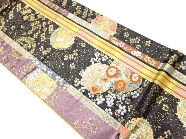 変わり縞に笹・花丸文模様織出し袋帯【中古】【着】【袋帯】