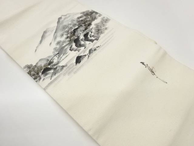 作家物　上代紬金彩手描き山並に木々風景模様織出し名古屋帯【中古】【着】【名古屋帯】
