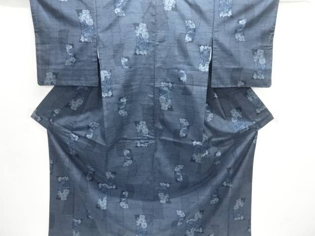 短冊に家屋風景模様織り出し手織り紬着物【中古】【着】【紬・お召し】