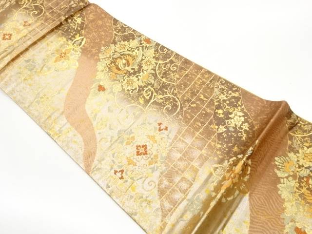 引箔華文に鳳凰・花唐草模様織出し袋帯【中古】【着】【袋帯】