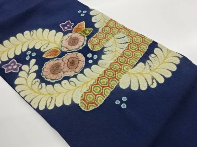作家物　縮緬地辻ヶ花にヱ霞・亀甲模様名古屋帯【中古】【着】【名古屋帯】