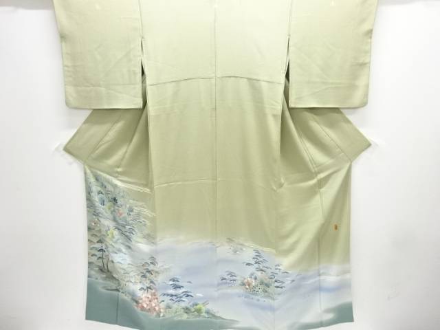 作家物　手描き友禅　寺塔風景模様三つ紋色留袖(比翼付き)【中古】【着】【留袖】