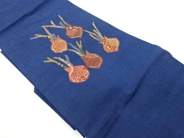 手織り紬パッチワーク慈姑模様刺繍名古屋帯【中古】【着】【名古屋帯】