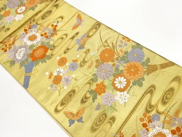 流水に蝶・花々模様織出し袋帯【中古】【着】【袋帯】