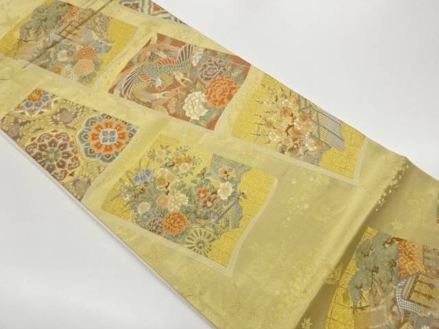 本重箔表紙に花々・鳳凰・車模様織出し袋帯【中古】【着】【袋帯】