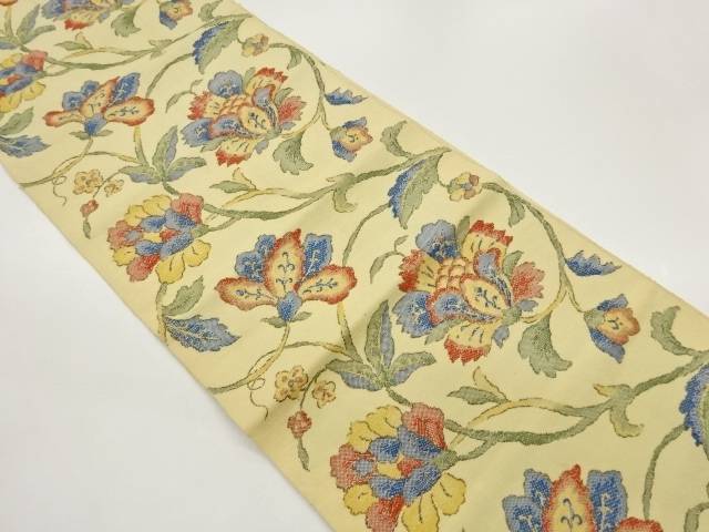 手織り紬花唐草模様織出し名古屋帯【中古】【着】【名古屋帯】