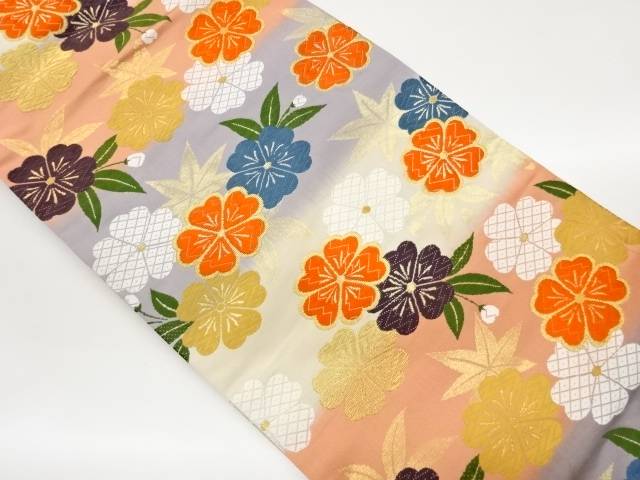 横段に桜・紅葉模様織出し名古屋帯【中古】【着】【名古屋帯】