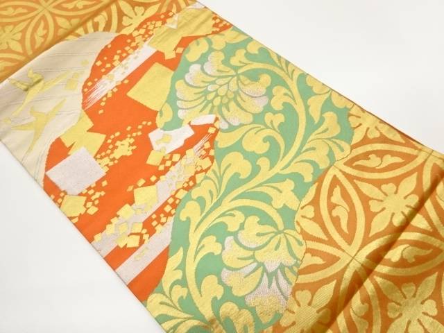 七宝に鳥・色紙散らし・花唐草模様織出し袋帯【中古】【着】【袋帯】