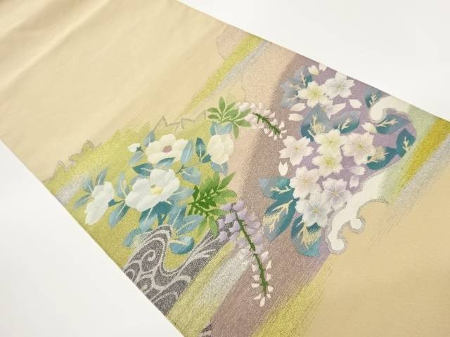綴れ霞に藤・花々・波模様織出し名古屋帯【中古】【着】【名古屋帯】