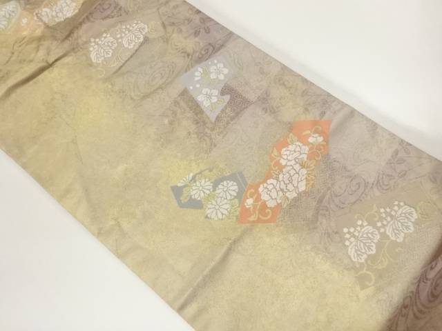 引箔花唐草に幾何学・市松模様織出し名古屋帯【中古】【着】【名古屋帯】