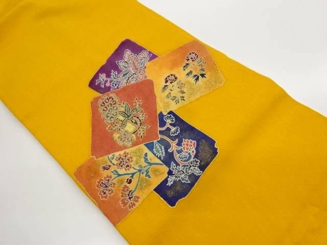 手織り紬金彩色紙に花葉模様名古屋帯【中古】【着】【名古屋帯】