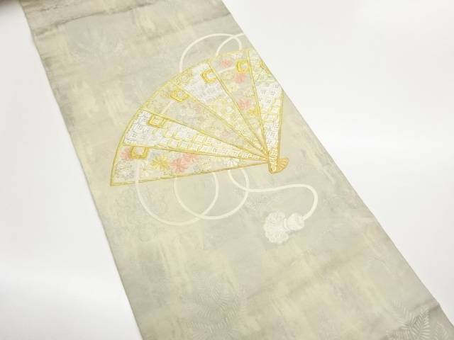 扇子に桐・菊・七宝・亀甲模様織出し袋帯【中古】【着】【袋帯】