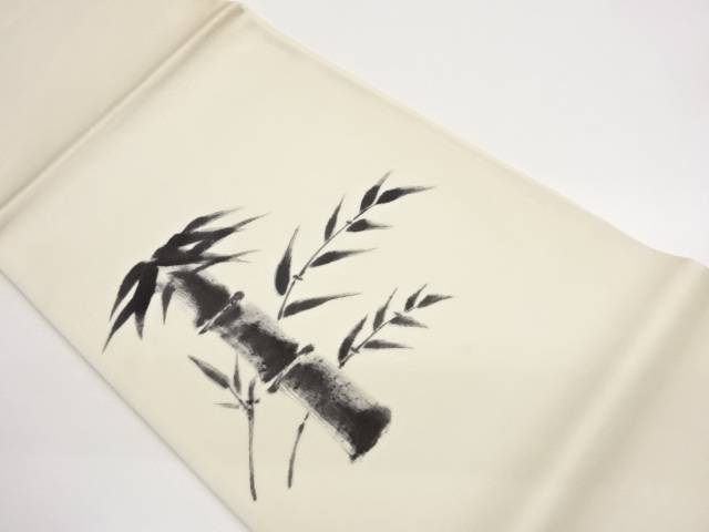 塩瀬手描き竹模様開き名古屋帯(額縁仕立て)【中古】【着】【名古屋帯】