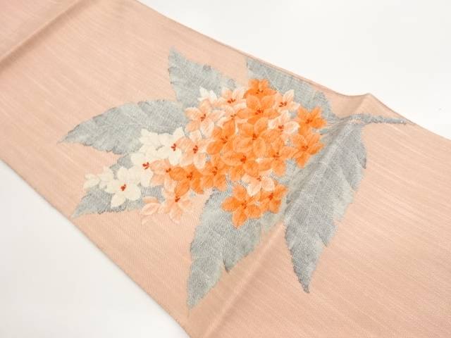手織り真綿紬花葉模様織出し名古屋帯【中古】【着】【名古屋帯】