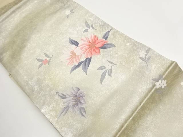 引箔山茶花・小花模様織出し名古屋帯【中古】【着】【名古屋帯】
