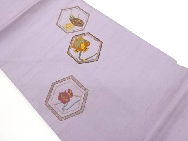 手織り紬亀甲に茄子・抽象模様刺繍名古屋帯【中古】【着】【名古屋帯】｜Kimono-Shinei　２号店