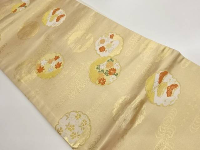 雪輪に梅・松・桜・菊模様織出し名古屋帯【中古】【着】【名古屋帯】