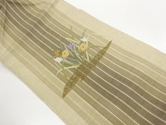 縞・花葉模様刺繍名古屋帯【中古】【着】【名古屋帯】｜Kimono-Shinei　２号店