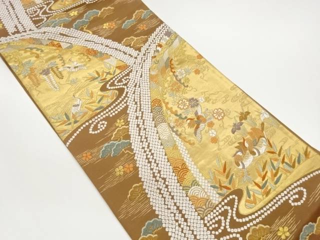 金糸流水に鶴・鴛鴦・桜唐草模様織出し袋帯【中古】【着】【袋帯】