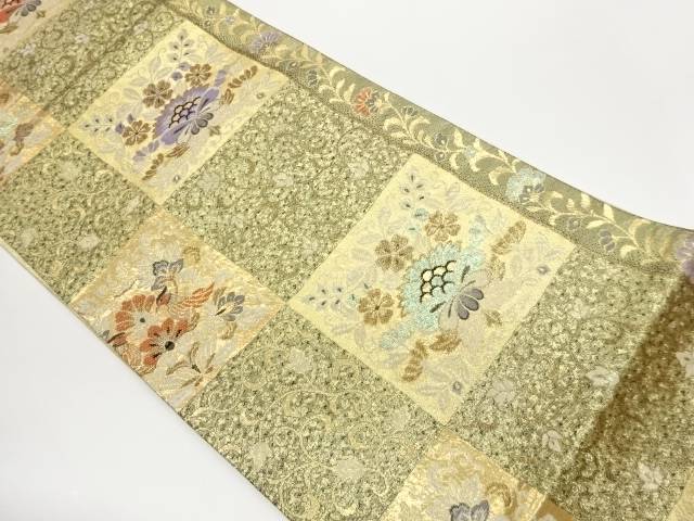市松に草花模様織出し袋帯【中古】【着】【袋帯】