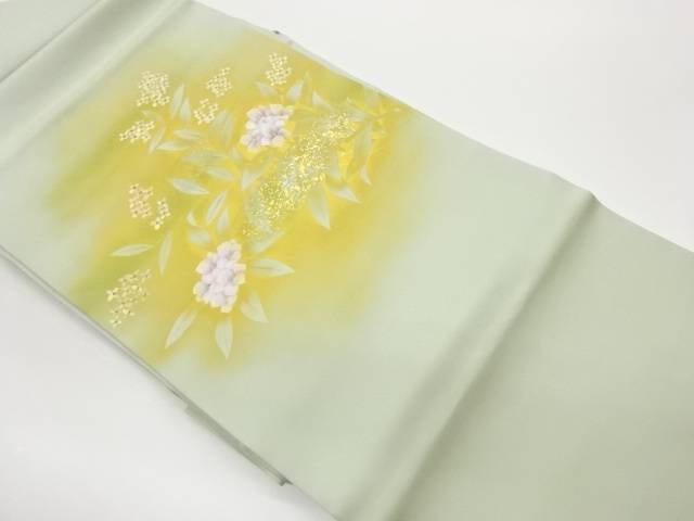 塩瀬金彩手描き花々模様名古屋帯【中古】【着】【名古屋帯】