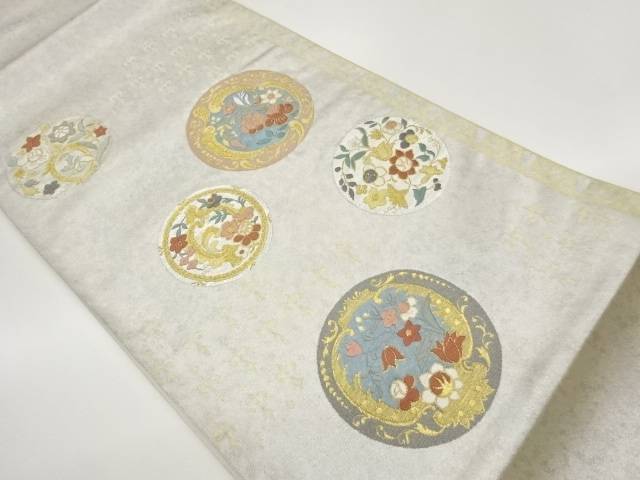青銅箔丸文に草花模様織出し袋帯【中古】【着】【袋帯】
