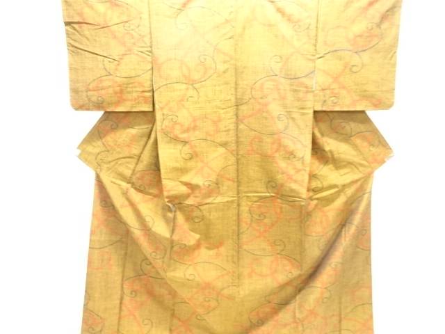 唐草模様織り出し手織り紬着物【中古】【着】【紬・お召し】