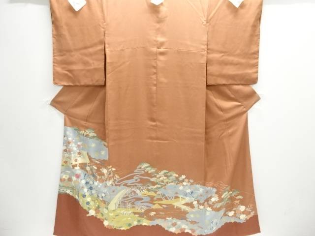 屋敷に草花模様刺繍五つ紋色留袖【中古】【着】【留袖】