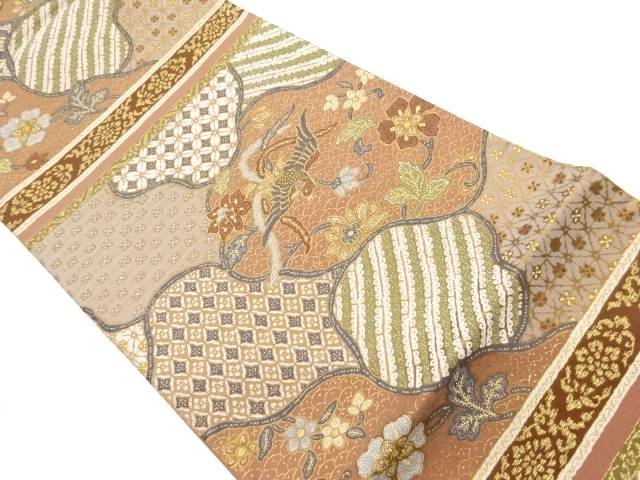 鳳凰・花唐草に七宝・花菱模様織出し袋帯【中古】【着】【袋帯】