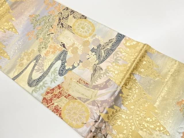 御所車に松竹梅・流水模様織出し袋帯【中古】【着】【袋帯】