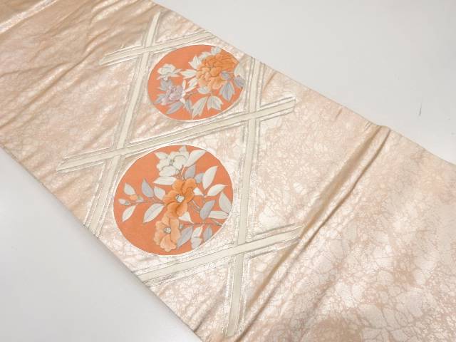 斜め格子に椿模様　刺繍　名古屋帯【中古】【着】【名古屋帯】