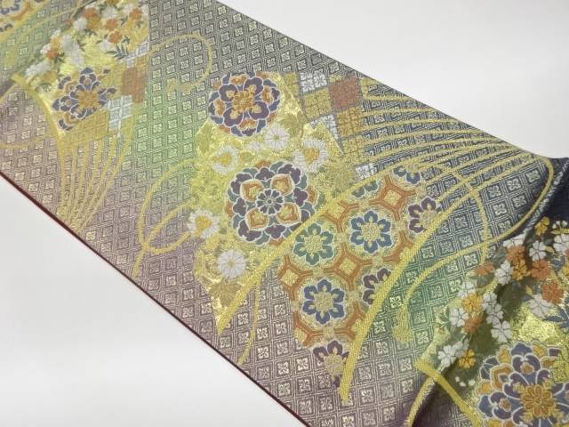 扇に華紋・花々模様織出し袋帯【中古】【着】【袋帯】