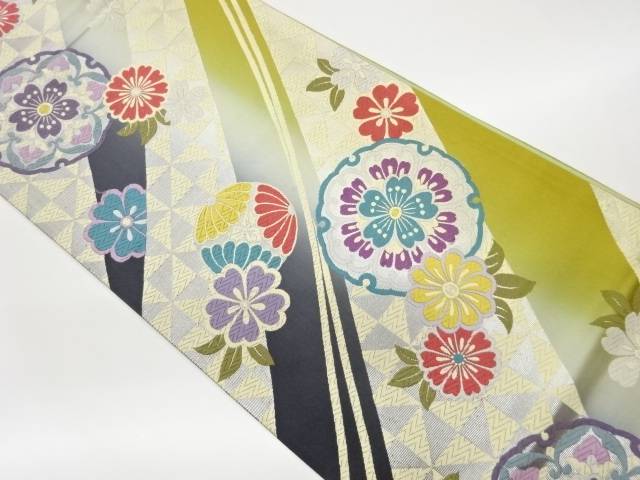 雪輪・華紋に花々模様織出し袋帯【中古】【着】【袋帯】
