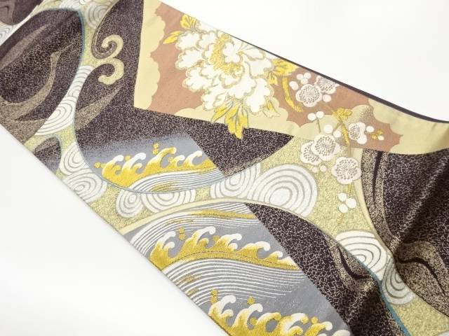 荒波に牡丹・梅模様織出し袋帯【中古】【着】【袋帯】