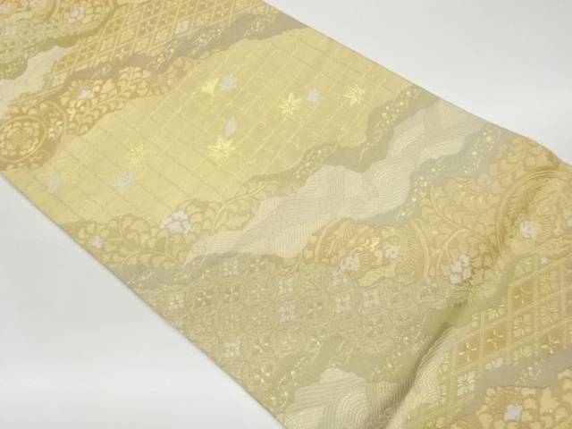 服部織物製　道長取りに草花・七宝花菱・荒波模様織出し袋帯【中古】【着】【袋帯】