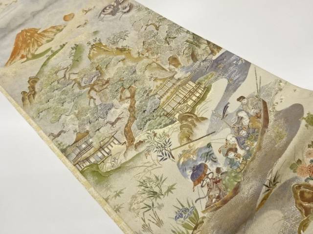 鹿苑寺に七福神・花々・動物模様織出し袋帯【中古】【着】【袋帯】