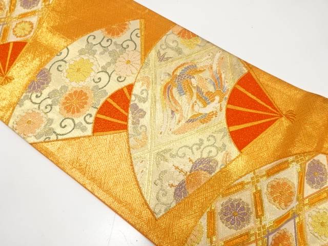 扇に鳳凰・桐・菊模様織り出し　袋帯【中古】【着】【袋帯】