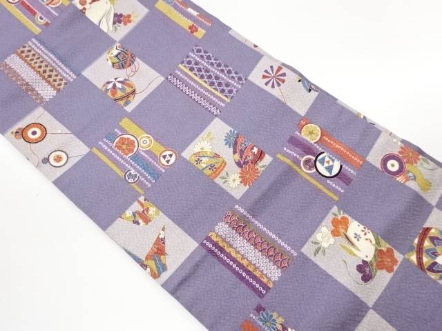 金彩格子にうさぎ・玩具・古典柄模様名古屋帯【中古】【着】【名古屋帯】