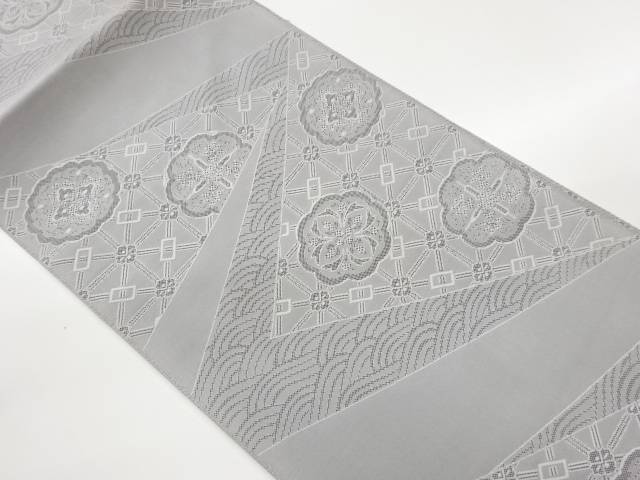 本綴れ切り嵌め風花々に波・縞模様織出し名古屋帯【中古】【着】【名古屋帯】