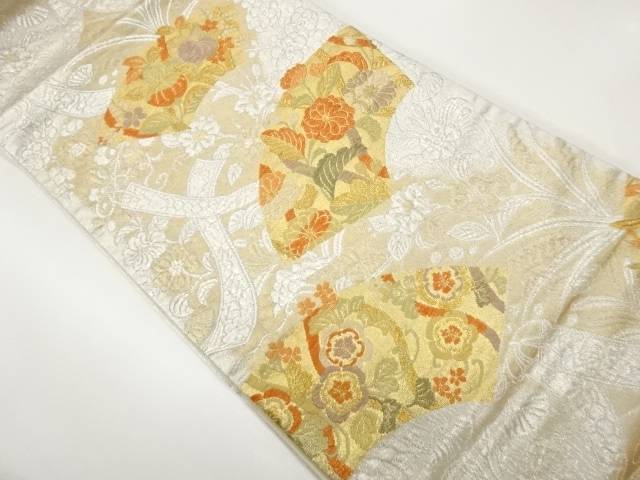 地紙に花々模様織出し袋帯【中古】【着】【袋帯】