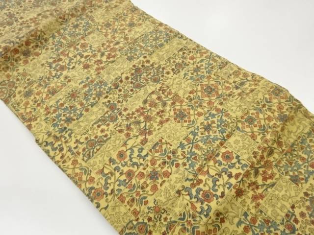 手織り紬色紙に花唐草模様名古屋帯【中古】【着】【名古屋帯】